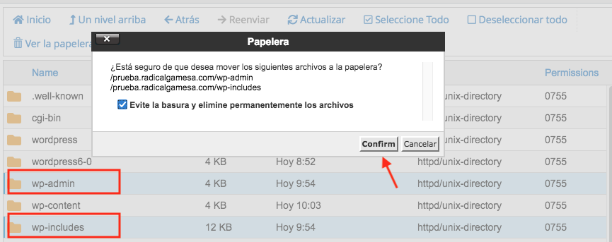 eliminar directorio desde cpanel