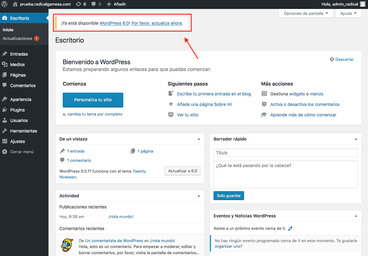 mensaje de actualizacion de WordPress