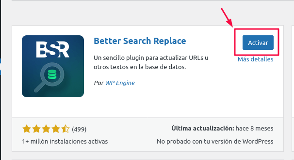 Activando Plugin Better search and replace En WordPress