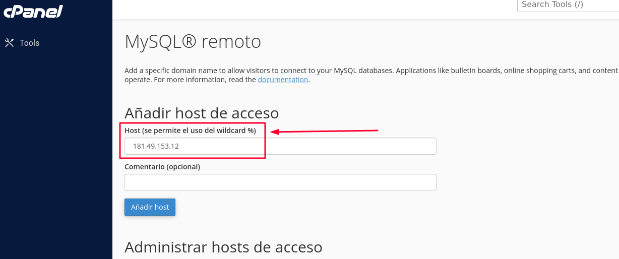 Dar permisos de acceso a nuestra dirección IP