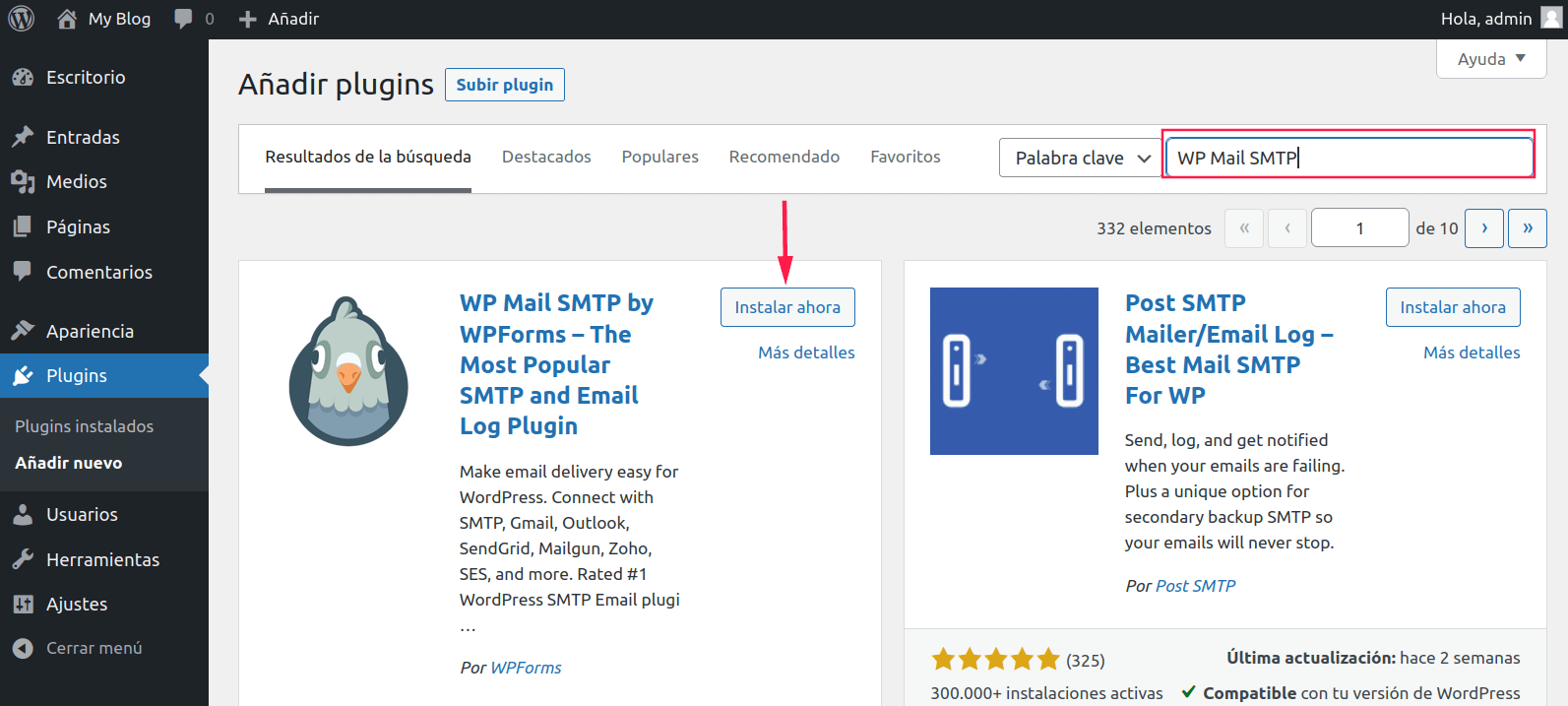Apartado para buscar e instalar plugins en WordPress