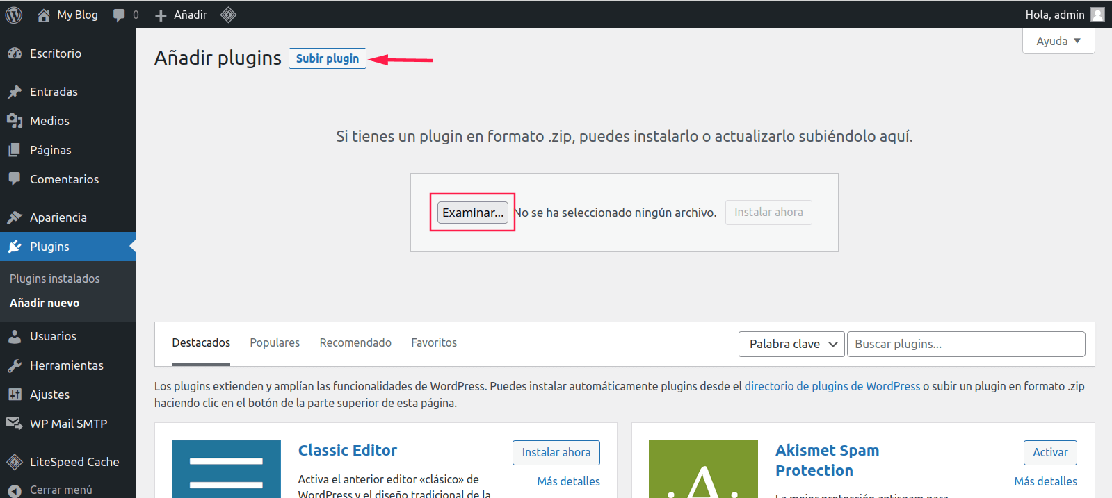 Botón para subir plugins en WordPress