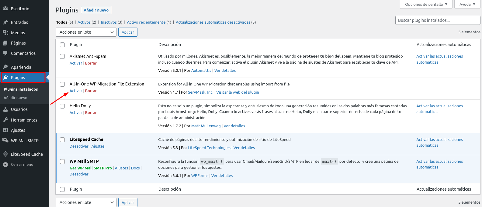 Botón para activar un plugin en WordPress