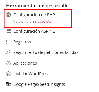 Opcion del menu para cambiar version php