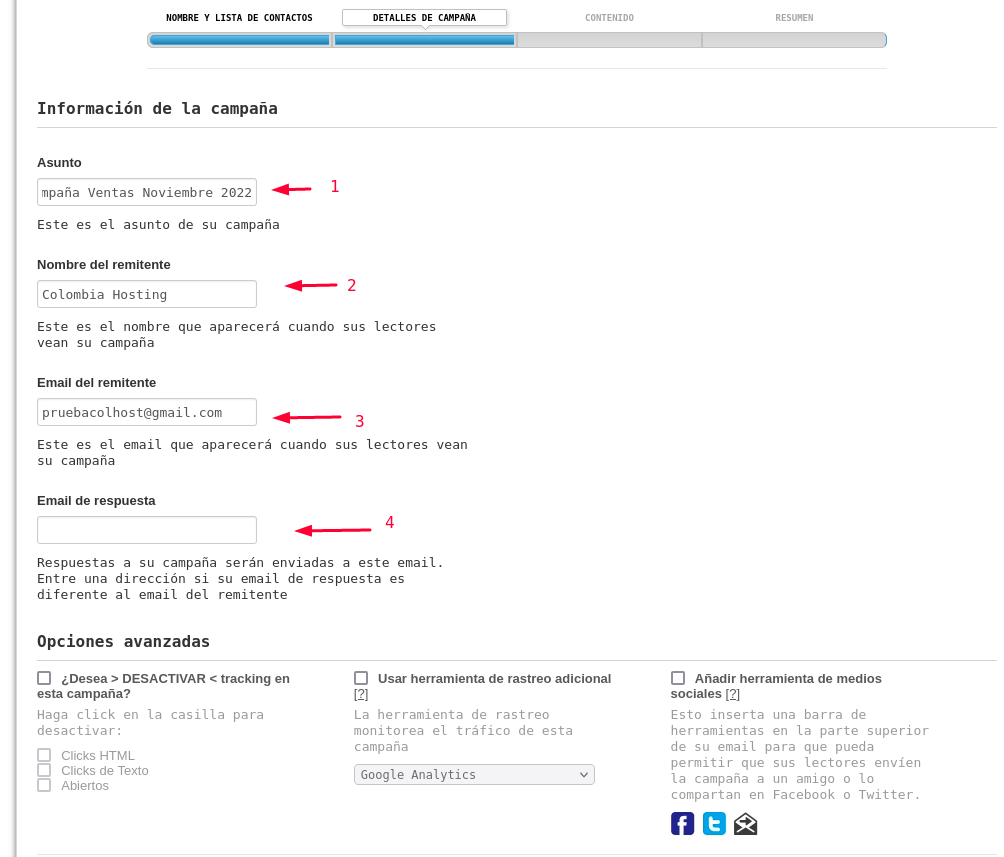 configurando datos de nuestra campaña