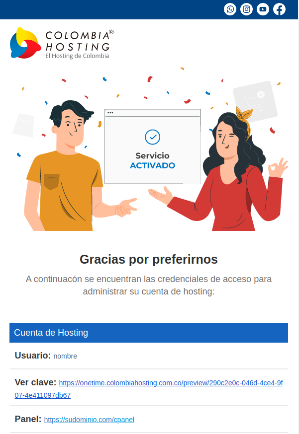 Correo de bienvenida a clientes Colombia Hosting