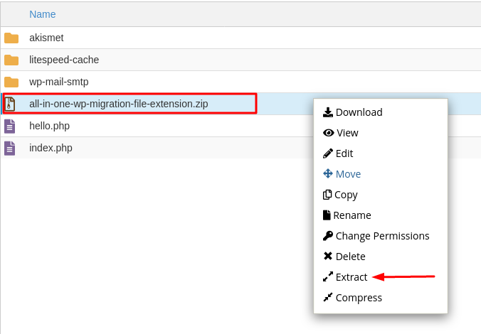 Opción para descomprimir un archivo en cPanel