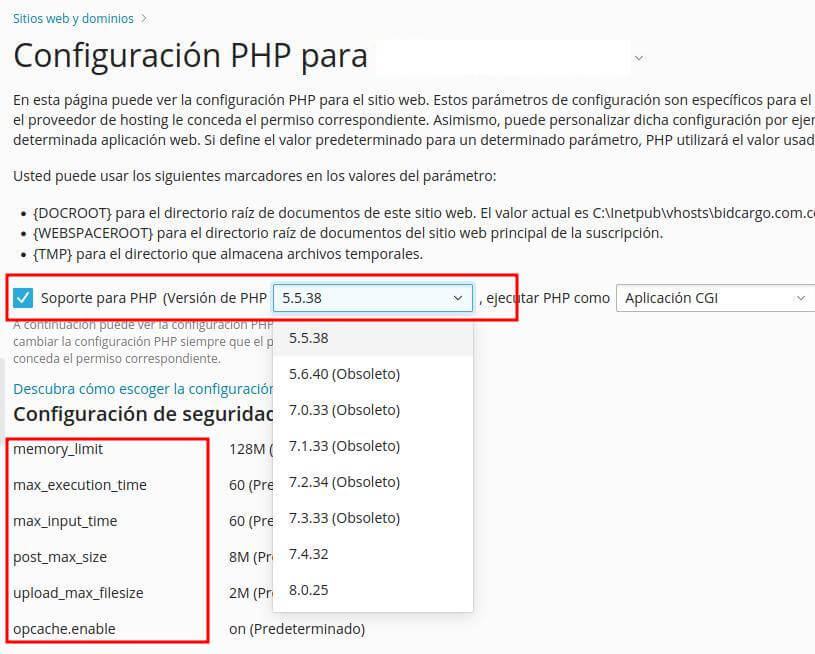 Opciones para cambiar versión de php en plesk