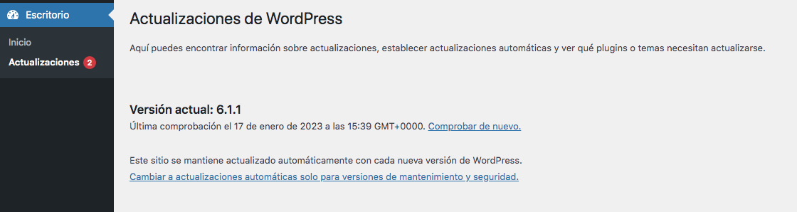 Versión de WordPress desde el panel de administración