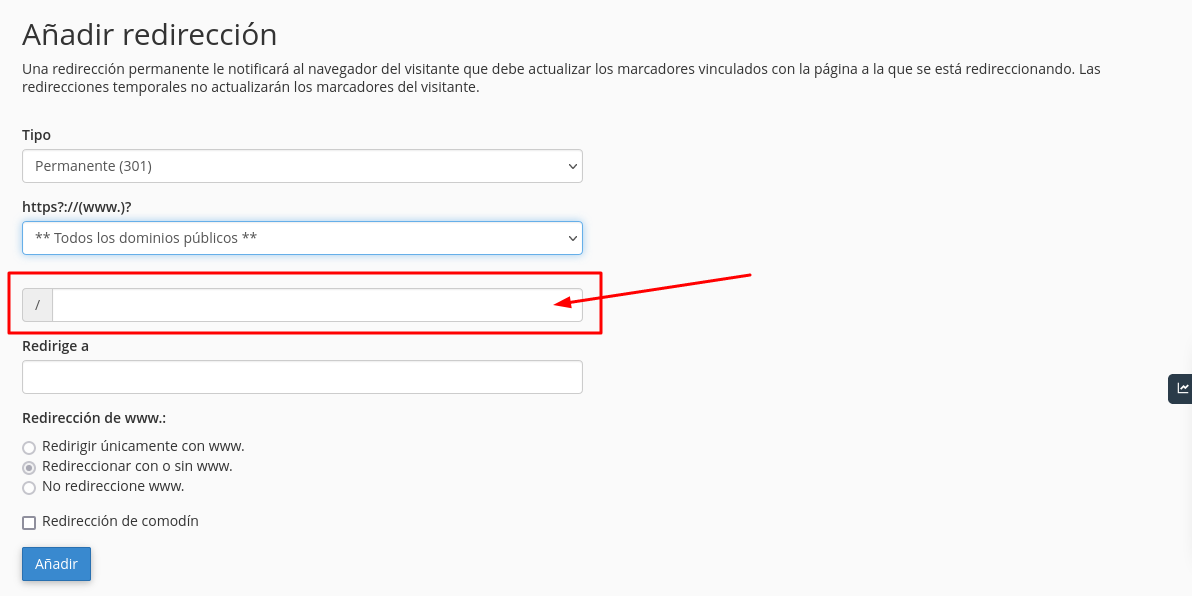 Dirección de sub carpeta especifica dentro del directorio a redireccionar