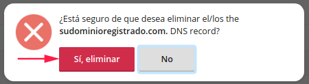 Aceptar eliminación del registro seleccionado