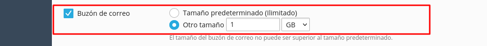 Opción modificar espacio cuenta de correo