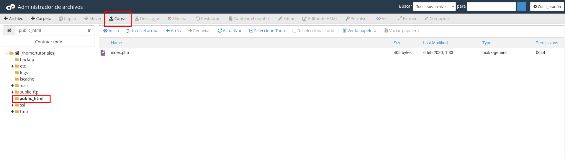 Subir archivos mediante cPanel 