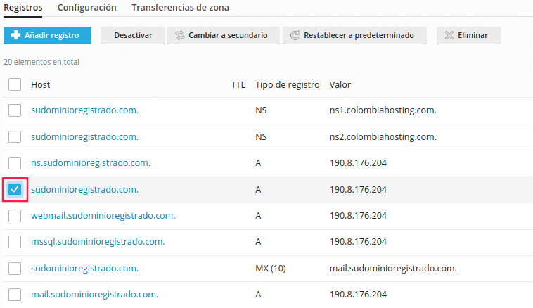 Marcamos el recuadro ubicado al lado izqueirdo del registro