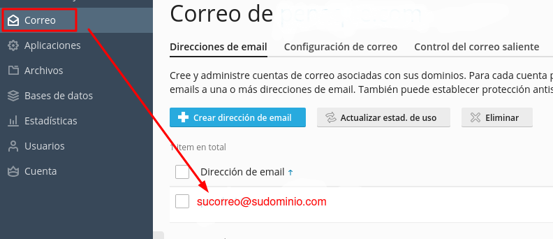 Interfaz de opciones de la cuenta de hosting Plesk