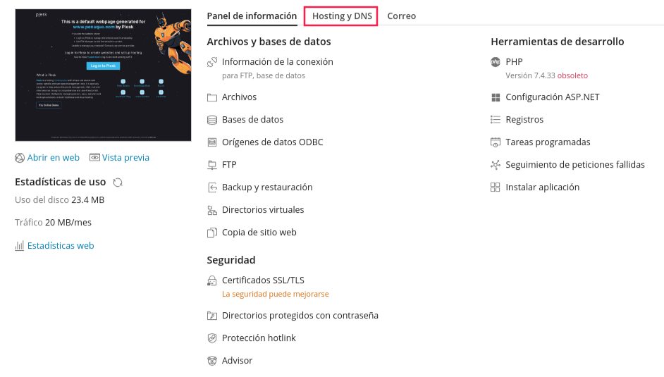 Opción Hosting y DNS