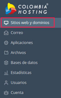 Panel lateral izquierdo, módulo de Sitios Web y dominio