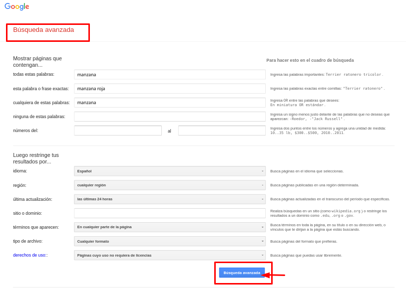 Configuración de búsqueda avanzada