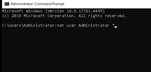 Una vez validado el usuario a cambiar la contraseña, para este caso administrator, escribir: net user administrator *, presionar enter, para iniciar el cambio de contraseña, se debe ingresar la contraseña con su debida confirmación para realizar el cambio.