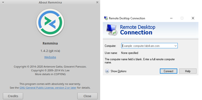 Versión del aplicativo remmina para los servicios Linux y captura de como se muestra el acceso a RDP para el sistema operativo Windows.