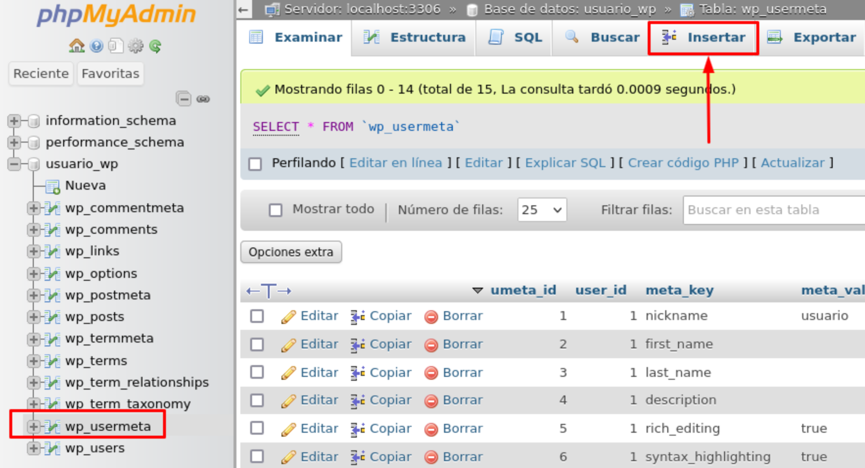 Insertar un nuevo registro en la tabla usermeta