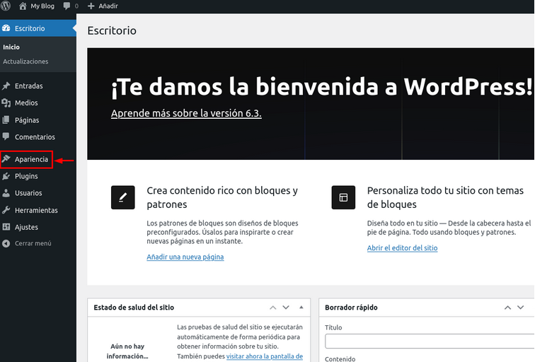 Opción apariencia WordPress