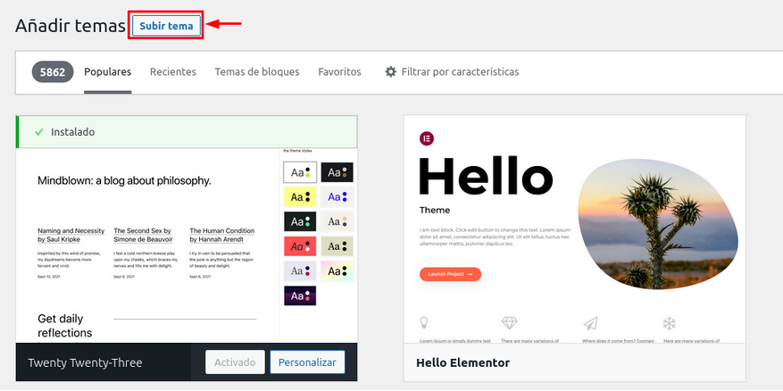 Opción subir tema en WordPress