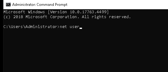 En la consola, digitar net user para y presionar tecla enter para ejecutar y ver los usuarios de sistemas que hay disponibles.