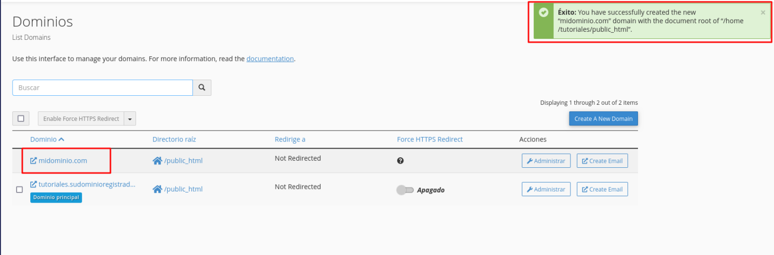 Dominio Alias Agregado Correctamente en cPanel